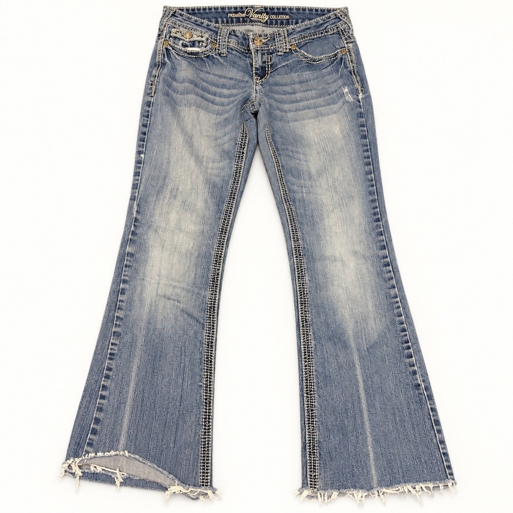 Vanity Emma Women Bootcut Jeans 26 Embellished Flap Pocket Raw Hem Blue 5VA1122